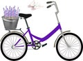 Purple Bicycle with a bucket of lavender flowers on the trunk and butterflies flying Royalty Free Stock Photo